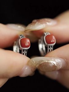 925 Silver Red Agate Square Sugar Earrings Womens Style Lucky Year Vintage Luxury Retro Cheongsam Ear Jewelry Fashion Trend