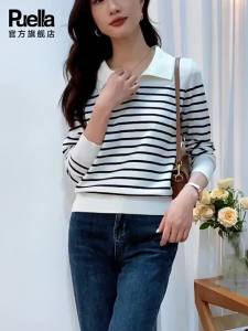 puella | French Style POLO Collar Striped Knitwear