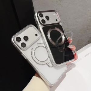 Fashion 2 IN 1 Plating Fold Magnetic Ring Stand Holder Case For iPhone 17 16 15 14 13 Pro Max Transparent Shockproof Hard Cover