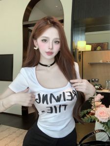 GUZILIAN | American Letter Square Collar Short Sleeve T-Shirt Women Summer New Style Pure Desirable Sweet Spicy Girl U Collar Short Versatile Top Half Sleeve