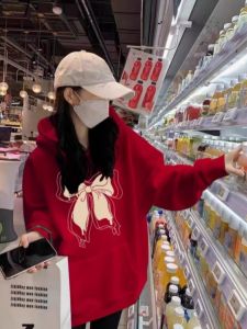 Ladies Large Size Hoodie Red Butterfly Knot Snake Year Chinese Zodiac Womens Fashionable Sweatshirt Winter Collection