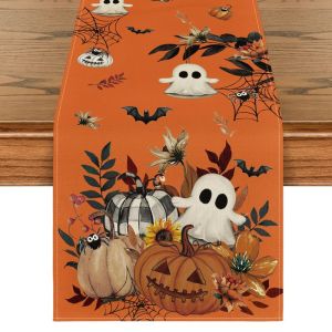 VIKAMA Halloween Table Runner Floral Ghost Pumpkin Bat Spider Web Sunflower Dining Table Home Farmhouse Holiday Party Decor