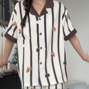 Korean Chill Soft Cotton Womens Color-blocked Striped Pajama Set - Breathable Versatile Wearable Loungewear
