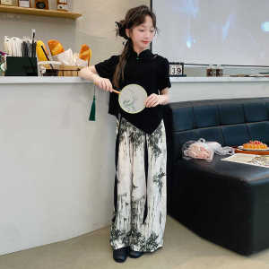 Girls New Chinese Style Short Sleeve Shirt And Pants Set Design Sense Ink Painting Summer Collection Two-Piece Suit for Kids