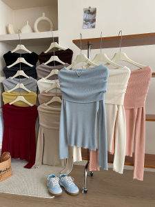 French Vintage Shoulder Bared Long Sleeve Knitted Sweater Women Early Autumn Gentle Slimming Elegant Versatile Base Top