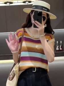 Summer Loose Ice Silk Short Sleeve Knitted T-Shirt Womens New Style 2025 Color Block Striped Top Korean Style Commute Fashion