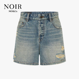 MO&Co. | Worn and Ripped Mid-Low Rise Denim Shorts