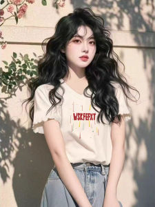 Chic V-Neck Short Sleeve T-Shirt Korean Style White Wood Ear Female Summer Unique Beautiful Short Top Womens Fashion Cotton Tee