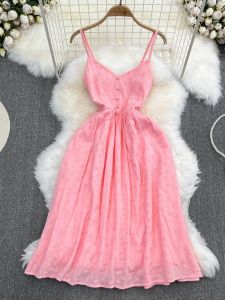 Váy Midi Thêu Chữ a Cổ Chữ V Cạp Cao Mùa Hè Váy Đi Biển Phong Cách Hàn Quốc Thường Ngày Không Tay Váy Chữ a