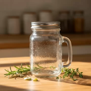 Ly Mason Jar Quai Cầm 450ml Nắp Lỗ – Ly Thủy Tinh Uống Trà Sữa Nước Ép