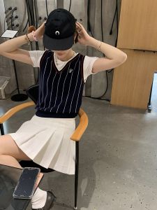 Womens Tennis Kit Knitted High Waist V-neck Wide Shoulder Strap Stripe Pattern College Style Fashion Set Safety Pants