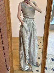 Quần Ống Rộng Kẻ Sọc Cotton Lanh Phong Cách Nhật Bản Cho Nữ Mùa Hè Cao Cấp Quần Ống Đứng Rộng Rãi Quần Ống Rộng Bằng Vải Lanh