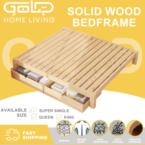 GOLD Wood Platform Solid Bed without Bedboard With Drawers实木床