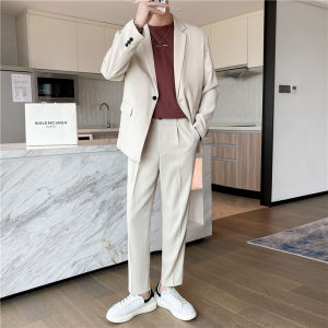 Casual Mens Two-Piece Suit Set Fashionable Draped Business Style Youthful Trendy Polyester Viscose Spandex Blend Flat Collar