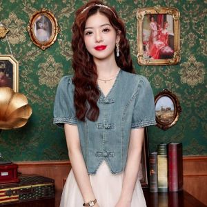 New Chinese Style National Trend Button down Denim Shirt Jacket Womens Short Sleeve V-neck Commute Straight Cut Summer 2024