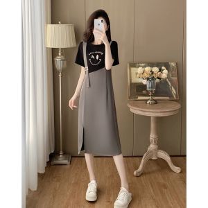 Váy Nữ Mùa Hè 2025 Thiết Kế Mới Thanh Lịch Váy Hai Mảnh Giả Cỡ Lớn Thoải Mái Váy Chữ a Cổ Tròn Tay Ngắn