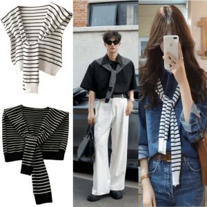 ผ้าคลุมไหล่ลายทางสีดำและสีขาวสำหรับทั้งชายและหญิง PAPR เครื่องประดับฤดูร้อน ผ้าคลุมไหล่ยาวทรงเหลี่ยม ผ้าฝ้ายริบบิ้น