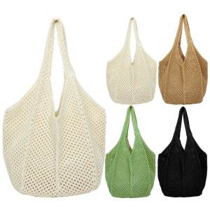 [Jocestyle]Women Knitted Beach Tote Bag Hollow Out Summer Crochet Large Capacity Casual Tote Bag
