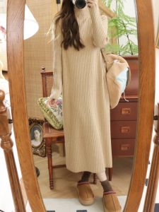 Korean Style Stand Collar Long Knitted Dress Thickened Lazy Girl Skirt Mid-Length Loose Fit Base Layer Vintage Commute Style