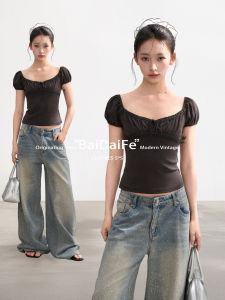 BAIDAIFEI | Large U-Neck Puff Sleeve Short Sleeved Slim Waist T-shirt