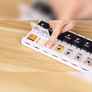(LOCAL STOCK) Push Button Weekly Pill Box Organizer 2 Times a Day Bekas Ubat Pil AM PM 7 Day Medicine Pill Container Case Pop Open Design Rainbow Black White