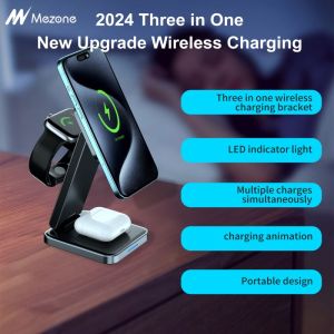 Mezone three in one magnetic wireless charger 15W fast charging suitable for iPhone 15 14 13 12 Pro Max IWatch 1-8 series Airpods Pro/Airpods desktop charging dock