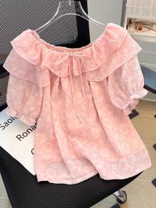 WANGGONGZHU | French Style Sweet Lace Trim Short Sleeve Shirt Women Summer New Design Popular Beautiful One Shoulder Top Princess Commute Style Loose Fit