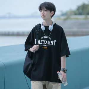 Japanese Style Navy Blue Short Sleeve T-Shirt Mens Summer Graffiti Printing Pure Cotton Heavy Weight Loose Ins Trendy Half Sleeve T-shirt