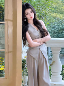 Fashionable Slimming Wide Leg Pants Two Piece Set without Sleeves V Neck Buttoning Closure High End Feel Suit for Young Women