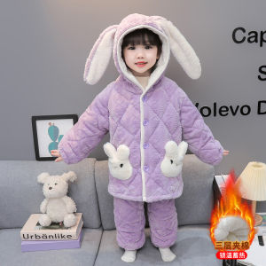 Childrens Loungewear Winter Thickened Three-Layer Quilted Girl Coral Fleece Cotton-Padded Clothes Outfit Baby Girl Winter Heattech