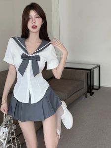 Bộ Đồ JK Học Sinh Ngọt Ngào Cay Nồng Mùa Hè Cho Nữ Áo Phông Tay Ngắn Váy Xếp Ly Cạp Cao Bộ Đồ Hai Mảnh Phong Cách Sinh Viên