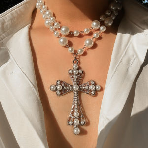 Ingemark | Ingemark Luxury Vintage Rhinestone Chain Imitation Pearl Chain Necklace for Women Punk Cross Pendant Choker Christian Jewelry