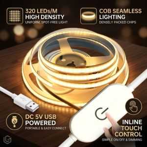 DC5V USB COB LED Strip 1-5M 320LEDs/M Touch Dimmer Flexible Tape Light for TV Mirror Cabinet Kitchen Room DIY Decor Backlighting