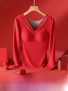 MiiOW | ชุดชั้นในผู้หญิง Catman ประจำปี 2024 ฤดูหนาว แขนยาว ปกโปโล ทรงเข้ารูป อบอุ่น เสื้อชั้นในสีแดงสำหรับงานแต่งงาน