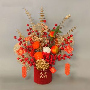 Red Fruit Lucky Bucket Floral Arrangement New Years Decor DIY Material Artificial Eucalyptus Silver Pinecone Evergreen