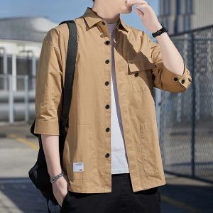 ROMON | Lormen Mens Pure Cotton Denim Shirt Summer Thin Stylish Casual Seven-Foot Short Sleeve Iron-Free Workwear Jacket