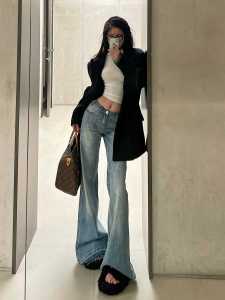 Quần Jeans Ống Loe Cạp Cao Kiểu Dáng Rộng Cho Nữ Quần Jeans Ống Loe Dài Cổ Điển Phong Cách Mỹ Có Chiều Dài Đến Sàn