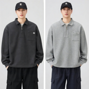 izzue | Áo Hoodie Nam Tay Dài Màu Xám Cổ Kéo Rút Nửa