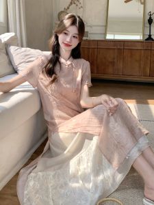 Elegant Pink Chinese Style Qipao Dress Womens Summer 2024 New Style Slimming Improved Cheongsam Skirt Commute Short Sleeve