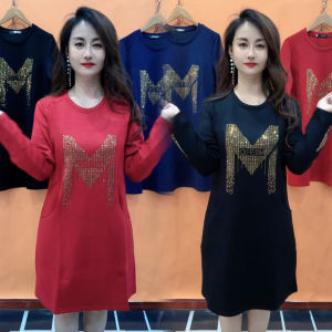 ชุดเดรสยาวทรงเอเอวสูงสไตล์มินิมอลสำหรับผู้หญิง ทรงหลวม ประดับเพชร ตัวอักษร M แฟชั่นฤดูใบไม้ร่วง แขนยาว คอตั้ง