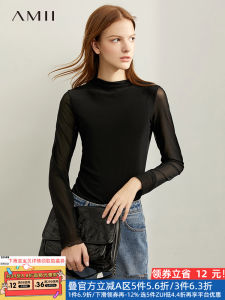Amii Black T-Shirt Womens Slim Fit High Neck Mesh Top Commute Simple Style Long Sleeve Regular Length Pure Color Shirt