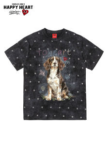 CHARLES JANGS HAPPY HEART | Vintage Washed Loose Breathable Heart American Star Dog Print T-Shirt