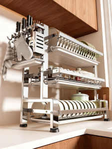 Stainless Steel Kitchen Storage Rack Multi-Function Bowl Plate Spice Cabinet New Model Dish Draining Shelf L-Shaped Easy Cleaning