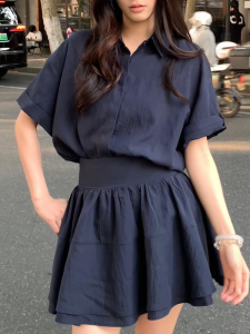 Shalldoer | Unique Beautiful Womens Summer 2025 Korean Style Sun Protection Shirt Puffy Short Skirt Set Pure Color Button POLO Collar Top