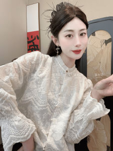 New Chinese Style Embroidered Shirt Stand Collar Long Sleeve Casual Loose Fit Womens Top Meat Concealing Age Defying