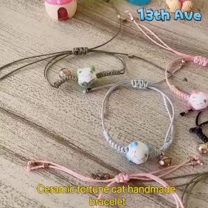 CNY Handmade Fortune Ceramic Cat Lucky Charm Adjustable Colour Strap Bracelet with No Sound Decorative Bell Gift 好运招财猫陶瓷编织手绳