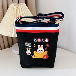 Casual Canvas Crossbody Bag for Students Mobile Phone Bag Cartoon Design Fashionable Summer Soft Handle Contrast Color Zipper