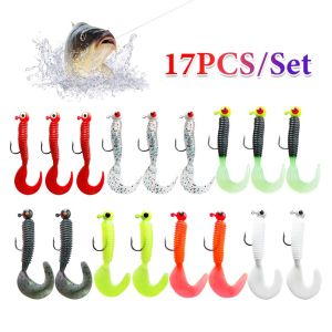 17Pcs/Box Mixed Grub Sea Fishing Lure Set Kit Soft Worm Shrimp Baits Soft Fishing Lure Set Kit With Lead Jig Head Hook