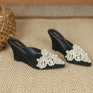Womens High Heel Mule Slippers Summer New Style Outwear Thick Bottom Pointed Toe Slope Heel Slippers Korean Version Fashionable