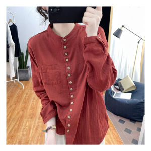 Loose Cotton Linen Long Sleeve Shirt Womens Spring Autumn Vintage Style Stand Collar Button up Top Moms Base Shirt